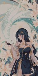 Rule 34 | baizhi (wuthering waves), bare shoulders, black gloves, black hair, blush, chinese clothes, cleavage cutout, clothing cutout, earrings, fingerless gloves, flower, from side, gloves, hair ornament, highres, jewelry, long hair, thighs, white string, wuthering waves, xuehina