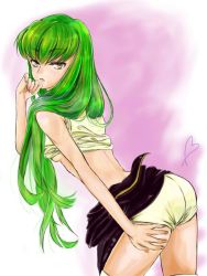 Rule 34 | 1girl, artist request, ass, bare shoulders, blush, boyshorts, breasts, c.c., code geass, gradient background, green hair, leaning, leaning forward, long hair, looking at viewer, open mouth, parted lips, sideboob, solo, thighhighs, very long hair