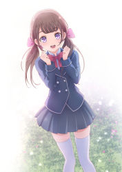 Rule 34 | 1girl, :d, backlighting, blue jacket, blue shirt, bow, bowtie, brown hair, collared shirt, floating hair, grey skirt, hair bow, highres, jacket, long hair, long sleeves, looking at viewer, low twintails, minato asuka, miniskirt, open mouth, original, pink bow, pleated skirt, purple eyes, red bow, red bowtie, school uniform, shirt, skirt, smile, solo, standing, thighhighs, twintails, white background, white thighhighs, wing collar, zettai ryouiki