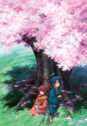 Rule 34 | 1boy, 1girl, artist request, basilisk (manga), basilisk ouka ninpouchou, blue hair, cherry blossoms, child, from above, full body, grass, highres, iga hibiki, japanese clothes, jpeg artifacts, katana, kimono, kouga hachirou, looking at viewer, looking up, official art, outdoors, ponytail, red hair, seiza, sitting, standing, sword, thick eyebrows, tree, weapon, wind