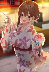Rule 34 | 1girl, blush, breasts, brown eyes, brown hair, collarbone, floral print, food, hair bun, highres, japanese clothes, kimono, large breasts, long hair, long sleeves, looking at viewer, obi, ol-chan (udon), open mouth, original, sash, shaved ice, single hair bun, smile, solo, spoon, udon (udonalium), white kimono, wide sleeves