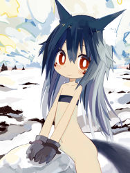 Rule 34 | 1girl, animal ears, bandeau, bikini, bikini top only, black hair, bottomless, bright pupils, cat ears, cat tail, gloves, long hair, looking at viewer, navel, original, paprika shikiso, red eyes, snow, solo, strapless, swimsuit, tail, tube top, white pupils