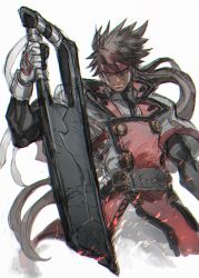 Rule 34 | 1boy, absurdres, belt, belt buckle, brown hair, buckle, closed mouth, embers, fingerless gloves, gloves, guilty gear, hair between eyes, highres, holding, holding sword, holding weapon, long hair, male focus, order-sol, ponytail, scratches, simple background, sketch, sol badguy, solo, sword, weapon, white background, white gloves, yohane shimizu