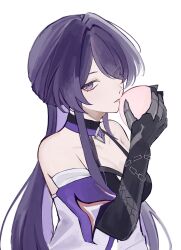 Rule 34 | acheron (honkai: star rail), bandaged arm, bandages, bare shoulders, black choker, black gloves, breasts, chain, chain around arm, choker, cleavage, collarbone, commentary request, elbow gloves, eyes visible through hair, food, fruit, gloves, hair over one eye, halterneck, highres, holding, holding food, holding fruit, honkai: star rail, honkai (series), large breasts, long hair, mochi yuki gen, peach, purple eyes, purple hair, sidelocks, simple background, upper body, white background