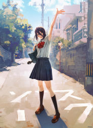 Rule 34 | 1girl, absurdres, arm up, bag, bag charm, black socks, blue hair, blue skirt, bow, bowtie, brown footwear, building, chainsaw man, champi, charm (object), cloud, commentary, day, english commentary, full body, green eyes, hair between eyes, hair bun, highres, kneehighs, long bangs, looking at viewer, open mouth, outdoors, outstretched arm, red bow, red bowtie, reze (chainsaw man), road, scenery, school uniform, shadow, shirt, shoes, short hair, short sleeves, single hair bun, skirt, sky, smile, socks, solo, street, town, tree, utility pole, waving, white shirt