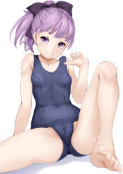 Rule 34 | 1girl, absurdres, adjusting clothes, adjusting swimsuit, bare legs, bare shoulders, barefoot, blue one-piece swimsuit, breasts, covered navel, fate/grand order, fate (series), helena blavatsky (fate), helena blavatsky (swimsuit archer) (fate), helena blavatsky (swimsuit archer) (first ascension) (fate), highres, looking at viewer, one-piece swimsuit, ponytail, purple eyes, purple hair, school swimsuit, short hair, short ponytail, sitting, small breasts, smile, solo, swimsuit, white background, yamachi (xadp7533)