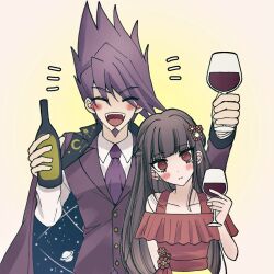 Rule 34 | 1boy, 1girl, :d, blush, bottle, braid, brown hair, buttons, closed eyes, collarbone, collared shirt, commentary request, cup, danganronpa (series), danganronpa 10th anniversary costume, danganronpa v3: killing harmony, dress, earrings, facial hair, flower, goatee, gradient background, hair flower, hair ornament, hand up, harukawa maki, holding, holding bottle, holding cup, jacket, jewelry, long hair, looking at viewer, mole, mole under eye, momota kaito, necktie, notice lines, open mouth, pink jacket, purple hair, purple necktie, red dress, red eyes, red flower, satori (aosky9077), shirt, smile, space print, spiked hair, starry sky print, teeth, upper teeth only, vest, white shirt