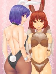 Rule 34 | 1990s (style), 2girls, abs, animal ears, ass, back, backless outfit, bad id, bad pixiv id, bare back, bare shoulders, blue hair, breasts, bunny (monster farm), detonakuriko, fake animal ears, fur, hand on own hip, holding another&#039;s arm, lips, looking at viewer, looking back, midriff, monster farm, mopsy (monster farm), multiple girls, navel, pantyhose, playboy bunny, rabbit ears, rabbit tail, red eyes, red hair, retro artstyle, short hair, sideboob, small breasts, smile, tail, wings