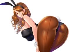 Rule 34 | 1girl, animal ears, ass, bare shoulders, bent over, breasts, brown hair, damegane, earrings, eyelashes, fake animal ears, female focus, hands on thighs, hanging breasts, highres, hip focus, jewelry, large breasts, leaning forward, leotard, lipstick, long hair, looking at viewer, looking back, makeup, myl&eacute;ne (damegane), orange eyes, original, pantyhose, playboy bunny, rabbit ears, rabbit tail, simple background, smile, solo, tail, thick thighs, thighs, wavy hair, white background, wide hips, wrist cuffs