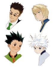 Rule 34 | 4boys, blonde hair, blue eyes, brown eyes, brown hair, chengongzi123, collared shirt, commentary, glasses, gon freecss, green hair, green necktie, highres, hunter x hunter, killua zoldyck, kurapika, leorio paladiknight, looking at another, looking at viewer, looking to the side, male focus, mandarin collar, multiple boys, necktie, portrait, round eyewear, shirt, short hair, simple background, smile, spiked hair, symbol-only commentary, very short hair, white background, white hair, white shirt