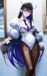 Rule 34 | 1girl, black hair, blue archive, blue eyes, blue hair, blush, breasts, colored inner hair, earrings, eyeliner, glasses, halo, highres, jewelry, large breasts, leotard, long hair, looking at viewer, makeup, multicolored hair, nicky w, pointy ears, rin (blue archive), solo, very long hair, white leotard