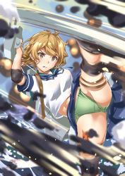 Rule 34 | 1girl, adapted turret, bandaid, bandaid on face, blue sailor collar, blue skirt, brown eyes, brown hair, cannon, commentary request, elbow pads, fukami naoyuki, green panties, kantai collection, kicking, motion blur, oboro (kancolle), one-hour drawing challenge, panties, pleated skirt, sailor collar, school uniform, serafuku, short hair, skirt, solo, turret, underwear