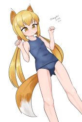 Rule 34 | absurdres, animal ears, blonde hair, blue one-piece swimsuit, dated, dutch angle, feet out of frame, flat chest, fox ears, fox tail, gluteal fold, highres, kantai collection, kemonomimi mode, low twintails, maru (marg0613), old school swimsuit, one-hour drawing challenge, one-piece swimsuit, paw pose, satsuki (kancolle), school swimsuit, simple background, standing, swimsuit, tail, twintails, twitter username, white background, yellow eyes