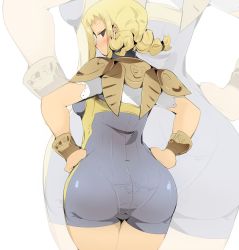 Rule 34 | 00s, 1girl, armor, ass, back, blonde hair, blush, braid, cowboy shot, final fantasy, final fantasy xii, hands on own hips, looking back, name john, pantylines, pauldrons, penelo, shoulder armor, sideways mouth, simple background, solo, twin braids, white background, zoom layer