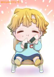 Rule 34 | 1boy, :i, = =, agatsuma zenitsu, aged down, blonde hair, blue shirt, blue shorts, chair, cheek bulge, chibi, child, chiy (mochi punin), closed eyes, closed mouth, eating, facing viewer, food, food bite, food on face, forked eyebrows, full body, happy, highres, holding, holding food, kimetsu no yaiba, kindergarten uniform, long sleeves, male focus, name tag, onigiri, rice, rice on face, shirt, shoe soles, shoes, short hair, shorts, sitting, straight-on, twitter username, white background
