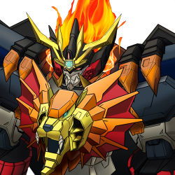 Rule 34 | blue eyes, commentary, fiery hair, fire, genesic gaogaigar, glowing, glowing eyes, in sami, korean commentary, looking down, mecha, no humans, red eyes, robot, science fiction, solo, super robot, upper body, v-fin, yuusha ou gaogaigar, yuusha ou gaogaigar final, yuusha series