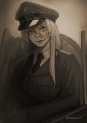 Rule 34 | 1girl, absurdres, azur lane, bismarck (azur lane), chair, commentary, english commentary, greyscale, harris hero, hat, highres, light smile, lips, looking at viewer, military hat, military uniform, monochrome, nazi, necktie, own hands together, sepia, signature, sitting, solo, twitter username, uniform