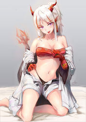 Rule 34 | 1girl, absurdres, arknights, artist name, bandeau, bare legs, bare shoulders, barefoot, bead bracelet, beads, bed sheet, belt, black panties, blush, bodypaint, bracelet, breasts, chinese commentary, cleavage, collarbone, dated, dragon horns, dragon tail, earrings, full body, grey background, head tilt, highres, horns, jewelry, kneeling, looking at viewer, medium breasts, medium hair, midriff, multicolored hair, navel, nian (arknights), open fly, panties, pointy ears, ponytail, prayer beads, purple eyes, red hair, red tube top, short shorts, shorts, signature, silver hair, simple background, smile, solo, strapless, streaked hair, tail, tassel, tassel earrings, tongue, tongue out, tube top, two-tone hair, underwear, white shorts, ygxdl