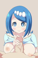 Rule 34 | 1boy, 1girl, blue eyes, blue hair, blush, breasts, breasts out, bright pupils, censored, closed mouth, clothed female nude male, clothes lift, collarbone, creatures (company), erection, freckles, game freak, hair ornament, handjob, hetero, highres, lana&#039;s mother (pokemon), large breasts, looking at viewer, mature female, mosaic censoring, nintendo, nipples, nude, penis, pokemon, pokemon (anime), pokemon sm (anime), pov, pov crotch, shimu (kichune), shirt lift, short sleeves, smile, solo focus, veins, veiny penis, white pupils