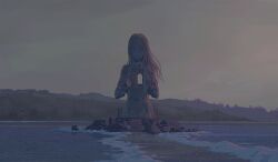 Rule 34 | animated, animated gif, chinese commentary, collared dress, commentary request, door, dress, evening, faceless, grey sky, hands up, highres, horizon, lake, long hair, looping animation, no humans, original, outdoors, railing, rock, scenery, shooting star, sky, stairs, statue, surreal, water, wujing f