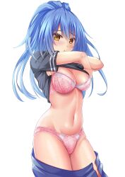 Rule 34 | 1girl, :o, absurdres, black shirt, blue hair, blue skirt, blush, bra, breasts, clothes lift, clothes pull, cowboy shot, faltnep tsukasa, highres, lace, lace-trimmed bra, lace-trimmed panties, lace trim, lifting own clothes, light frown, long hair, looking at viewer, medium breasts, navel, open clothes, open skirt, original, panties, parted lips, pink bra, pink panties, ponytail, shirt, shirt lift, short sleeves, simple background, skirt, skirt pull, solo, standing, underwear, undressing, white background, yellow eyes