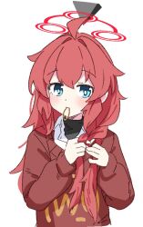 Rule 34 | 1girl, ahoge, blue archive, blue eyes, blush, braid, brown shirt, closed mouth, collared shirt, halo, long hair, long sleeves, looking at viewer, maki (blue archive), maki (camp) (blue archive), official alternate costume, red hair, red halo, shiromoca, shirt, simple background, solo, twin braids, upper body, white background, white shirt