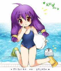 Rule 34 | 1girl, ahoge, bird, blue one-piece swimsuit, blush stickers, child, clog sandals, imitating, kickboard, kneeling, long hair, lowres, one-piece swimsuit, penguin, pointing, pointing at self, pool, poolside, purple hair, red eyes, sandals, swimsuit, twintails, wet