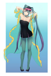 Rule 34 | 1girl, absurdly long hair, absurdres, anniversary, aqua eyes, aqua hair, artist name, artist request, bare shoulders, black dress, black footwear, blue bow, blue bowtie, blue eyes, blue hair, blue legwear, bow, bowtie, breasts, collarbone, dress, female focus, fixing hair, full body, hair bow, hatsune miku, highres, long hair, looking at viewer, medium breasts, pink bow, pkoscv00, see-through, see-through sleeves, shoes, solo, twintails, very long hair, vocaloid