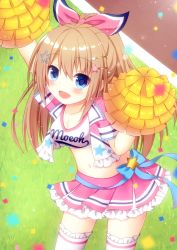 Rule 34 | 1girl, :d, arms up, blue bow, blue eyes, blurry, blurry foreground, blush, bow, breasts, brown hair, cheerleader, cleavage, collarbone, commentary request, confetti, crop top, day, depth of field, fang, frilled thighhighs, frills, hair between eyes, hair ornament, hair ribbon, hairclip, himetsuki luna, holding, jacket, long hair, looking at viewer, medium breasts, moe2017, open clothes, open jacket, open mouth, original, outdoors, pink jacket, pink ribbon, pink skirt, pleated skirt, pom pom (cheerleading), ponytail, ribbon, short sleeves, sidelocks, skirt, smile, solo, standing, star (symbol), star hair ornament, thighhighs, very long hair, white thighhighs