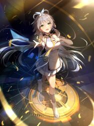Rule 34 | 1girl, absurdres, artist name, bow, clock, confetti, dress, from above, green eyes, hair bow, hand on own chest, highres, looking at viewer, luo tianyi, necktie, open mouth, outstretched hand, sidelocks, solo, vocaloid, vsinger, white footwear, yellow necktie, yolanda