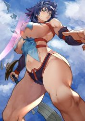 Rule 34 | 1girl, absurdres, bare shoulders, bastard!!, blue hair, blue sky, breasts, broken, broken sword, broken weapon, cloud, cloudy sky, crack, covered erect nipples, green eyes, hair between eyes, highres, holding, holding sword, holding weapon, kai harn, medium hair, muscle, muscular, muscular female, navel, open hand, outdoors, parted lips, sky, slashing, solo, sweat, sword, torn, torn clothes, turtleneck, weapon, yoshio (55level)