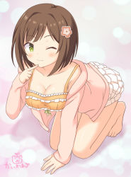 Rule 34 | 1girl, ;3, all fours, bare legs, barefoot, breasts, brown hair, camisole, cleavage, closed mouth, collarbone, finger to mouth, flower, full body, green eyes, hair flower, hair ornament, idolmaster, idolmaster cinderella girls, jacket, kaiware-san, layered skirt, long sleeves, maekawa miku, medium breasts, miniskirt, multicolored hair, one eye closed, open clothes, open jacket, pink background, pink jacket, short hair, signature, skirt, sleeves past wrists, solo, streaked hair, tareme, white skirt