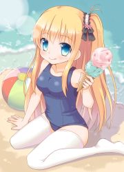 Rule 34 | 10s, 1girl, blonde hair, blue eyes, blush, breasts, charlotte (anime), food, hair ribbon, highres, ice cream, long hair, looking at viewer, momoniku (taretare-13), nishimori yusa, one-piece swimsuit, ribbon, school swimsuit, side ponytail, sitting, smile, solo, swimsuit, thighhighs, tongue, tongue out, wariza