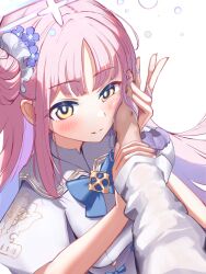 Rule 34 | 1boy, 1girl, absurdres, blue archive, blue bow, blush, bow, breasts, camisole, capelet, commentary request, cross, dress, fingernails, flower, frilled ribbon, frills, gogogoiru, hair bun, hair flower, hair ornament, hair ribbon, halo, hand on another&#039;s arm, hand on another&#039;s cheek, hand on another&#039;s face, highres, large breasts, long hair, long sleeves, looking at another, mika (blue archive), parted bangs, pink hair, purple flower, purple scrunchie, ribbon, scrunchie, shirt, simple background, single side bun, smile, solo focus, white background, white camisole, white capelet, white dress, white ribbon, white shirt, wrist scrunchie, yellow eyes