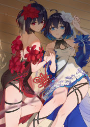 Rule 34 | 2girls, ahoge, alset, bare shoulders, black hair, black ribbon, blue eyes, blue hair, blue ribbon, china dress, chinese clothes, commentary request, dress, flower, from above, hair flower, hair ornament, halterneck, highres, honkai (series), honkai impact 3rd, looking at viewer, lying, multicolored clothes, multicolored dress, multicolored hair, multiple girls, on back, on floor, red eyes, red flower, red hair, red ribbon, ribbon, seele (alter ego), seele vollerei, seele vollerei (stygian nymph), skindentation, smile, thigh strap, two-tone hair, white flower