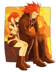 Rule 34 | 1boy, 1girl, arm rest, axel (kingdom hearts), bad id, bad twitter id, black coat, black coat (kingdom hearts), blue eyes, boots, chidzuko, coat, dress, grin, tucking hair, kairi (kingdom hearts), kingdom hearts, kingdom hearts iii, long coat, long hair, outside border, pink dress, red hair, sitting, smile, spiked hair, sunset