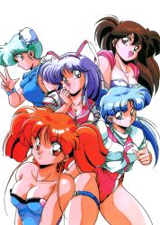 Rule 34 | 1990s (style), 5girls, animal ears, bare shoulders, blue eyes, blue hair, bracelet, breasts, brown eyes, brown hair, bun cover, closed mouth, covered erect nipples, cyber block metal orange, fake animal ears, green eyes, hair bun, high ponytail, highres, jewelry, large breasts, leotard, long hair, multiple girls, non-web source, official art, open mouth, puffy short sleeves, puffy sleeves, purple eyes, purple hair, rabbit ears, red eyes, red hair, retro artstyle, school uniform, short hair, short sleeves, smile, strapless, thigh strap, tomo (cyber block metal orange), twintails