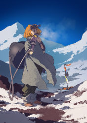 Rule 34 | 1girl, artist name, backpack, bag, black eyes, boots, breath, cloak, day, decadence (anime), flag, full body, goggles, hands up, mountain, natsume (decadence), orange hair, outdoors, pomodorosa, prosthesis, prosthetic arm, short hair, snow, solo, standing