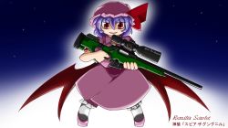 Rule 34 | 1girl, ai arctic warfare, bat wings, bloodycat, bolt action, character name, female focus, gun, hat, purple hair, red eyes, remilia scarlet, rifle, short hair, sniper rifle, solo, touhou, weapon, wings