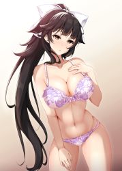 Rule 34 | 1girl, azur lane, bare shoulders, black hair, blunt bangs, blush, bow, bra, breasts, cleavage, collarbone, fukuda shuushi, gradient background, hair bow, hair flaps, hand on own chest, highres, large breasts, long hair, looking at viewer, navel, panties, parted lips, pink bra, pink panties, ponytail, skindentation, solo, stomach, takao (azur lane), thighs, underwear, white bow
