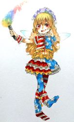 Rule 34 | 1girl, adapted costume, american flag dress, american flag legwear, american flag shirt, american flag skirt, blonde hair, blush, bow, bridal garter, buttons, cacts (pikasan), clownpiece, collar, fairy wings, fang, fire, frilled collar, frilled shirt collar, frills, full body, hat, holding, jester cap, leg lift, leg up, long hair, looking at viewer, midriff, miniskirt, navel, open mouth, pantyhose, petticoat, polka dot, red eyes, short sleeves, simple background, skirt, solo, standing, standing on one leg, striped clothes, striped pantyhose, teeth, torch, touhou, traditional media, white background, wings, wrist cuffs