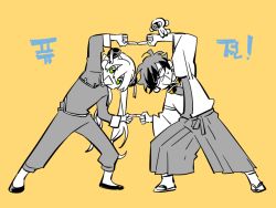 Rule 34 | 1boy, 1girl, dragon ball, fusion dance, gintama, green eyes, jb (jackboong), kagura (gintama), kekkai sensen, korean text, kugimiya rie, leonardo watch, monochrome, sakaguchi daisuke, voice actor connection, shimura shinpachi, sonic speed monkey, white (kekkai sensen)