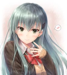 Rule 34 | 1girl, aqua eyes, aqua hair, blush, bow, bowtie, commentary request, earrings, hair ornament, hairclip, heart, jacket, jewelry, kantai collection, long hair, looking at viewer, red bow, red bowtie, remodel (kantai collection), ring, school uniform, solo, spoken heart, stud earrings, suien, suzuya (kancolle), tagme, wedding band