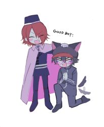 Rule 34 | 2boys, animal ears, black hair, black headwear, blue jacket, blue pants, blush, cabbie hat, cape, closed eyes, commentary request, fake animal ears, full body, glasses, hair over one eye, hand on another&#039;s head, hat, headpat, highres, jacket, long sleeves, male focus, master detective archives: rain code, multiple boys, open mouth, own hands together, pants, parimi (tobari), pink-framed eyewear, pink cape, red hair, round eyewear, short hair, simple background, sitting, smile, standing, tail, tail wagging, white background, yomi hellsmile, zilch alexander