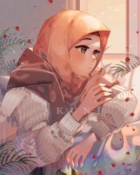 Rule 34 | 1girl, akuni (sinoru50), black nails, blush, brown eyes, commentary, couch, english commentary, grey sweater, hand on own arm, highres, hijab, indoors, light frown, looking down, nail polish, orange scarf, original, petals, plant, ribbed sweater, scarf, sitting, solo, sweater, watermark, window