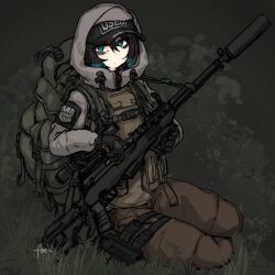 1girl aze_(tyranno-link) backpack bag baseball_cap black_gloves black_hair escape_from_tarkov gloves green_eyes green_hair gun hat holding holding_gun holding_weapon hood hood_up hooded_jacket jacket load_bearing_vest looking_at_viewer multicolored_hair reloading rifle scope sniper_rifle solo suppressor two-tone_hair weapon