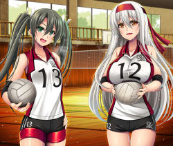 Rule 34 | 2girls, alternate costume, ball, basketball hoop, black shorts, breasts, brown eyes, commentary request, cowboy shot, green eyes, green hair, headband, highres, indoors, kantai collection, large breasts, long hair, looking at viewer, militia minpei, multiple girls, railing, red headband, red shorts, shirt, short shorts, shorts, shorts under shorts, shoukaku (kancolle), sleeveless, sleeveless shirt, sportswear, sweat, twintails, volleyball, volleyball (object), volleyball uniform, white hair, window, wooden floor, zuikaku (kancolle)