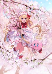 Rule 34 | 1girl, :d, angel wings, blonde hair, blue eyes, bow, bowtie, capelet, cherry blossoms, crossover, day, dress, enoki 3106, footwear bow, halo, happy, hat, hat bow, highres, kirby, kirby (series), lily white, long hair, long sleeves, looking at viewer, nintendo, open mouth, outdoors, red bow, red bowtie, smile, touhou, tree, very long hair, white capelet, white dress, white footwear, white headwear, white wings, wide sleeves, wings