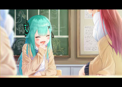 Rule 34 | 3girls, :d, ^ ^, absurdres, beige cardigan, blouse, blue bow, blue bowtie, blush, bow, bowtie, braid, butterfly hair ornament, cardigan, classroom, closed eyes, fang, french braid, gradient hair, green hair, hair ornament, hairclip, highres, hololive, hololive fantasy, hololive gamers, houshou marine, indoors, laughing, letterboxed, listener (inugami korone), long hair, multicolored hair, multiple girls, nana (user spdm5355), official alternate costume, open mouth, pink hair, school uniform, shirt, smile, solo focus, subaru duck, uruha rushia, uruha rushia (school uniform), usada pekora, virtual youtuber, white shirt