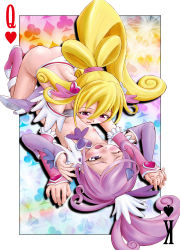 Rule 34 | 2girls, aida mana, all fours, blonde hair, blush, boots, brooch, card, cure heart, cure sword, detached sleeves, diamond (shape), dokidoki! precure, eye contact, flat chest, gem (symbol), girl on top, hair ornament, heart, heart brooch, heart hair ornament, highres, holding hands, interlocked fingers, kenzaki makoto, long hair, looking at another, lying, multiple girls, nipples, nude, on back, open mouth, pink eyes, pink footwear, playing card, ponytail, precure, purple eyes, purple hair, pussy juice, spade, spade hair ornament, sweat, unno hotaru, upside-down, weapon, wince, yuri